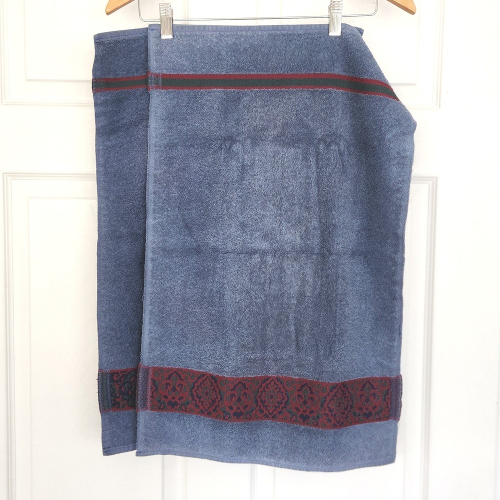 Vintage Denim Blue Hand Towels (2) with Jacquard Medallion Woven Trim